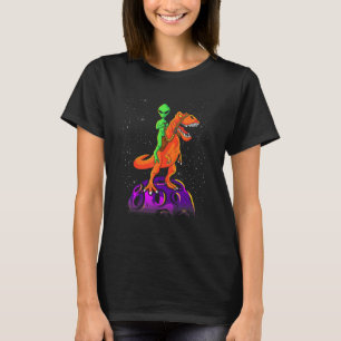 Alien Riding Dinosaur T Rex Kids Boys Outer Space  T-Shirt