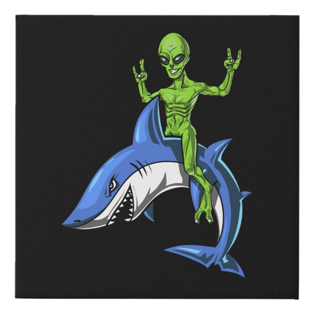 Alien Riding Shark Space UFO Faux Canvas Print (Front)