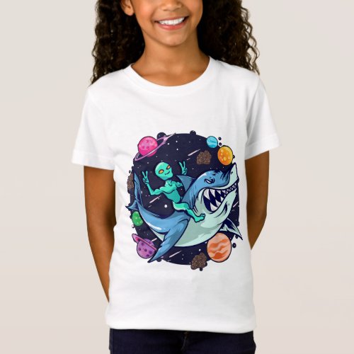 Alien Riding Shark UFO Outer Space Planets Kids Bo T_Shirt