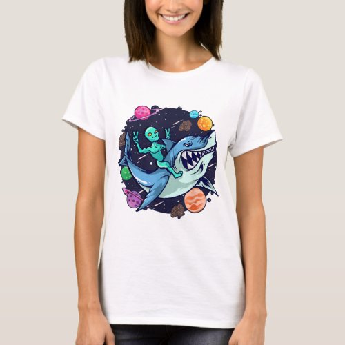 Alien Riding Shark UFO Outer Space Planets Kids Bo T_Shirt