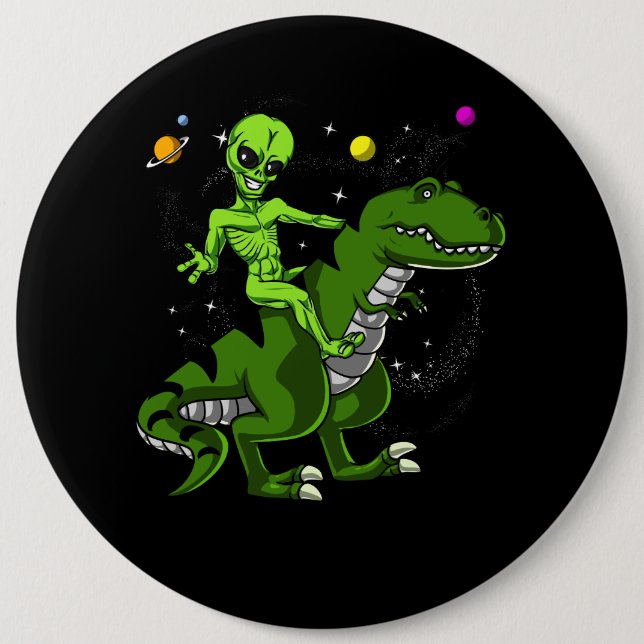 Alien Riding T-Rex Dinosaur Space UFO Button (Front)