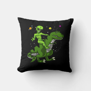 Alien Riding T-Rex Dinosaur Space UFO Throw Pillow