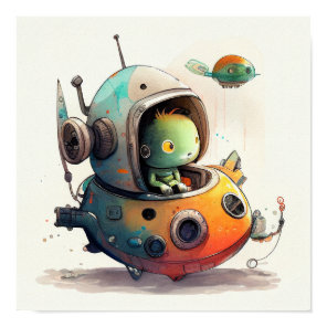 "Alien Robot in Spaceship" - Watercolor Poster