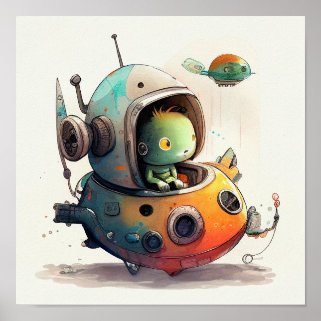 "Alien Robot in Spaceship" - Watercolor Poster (Front)