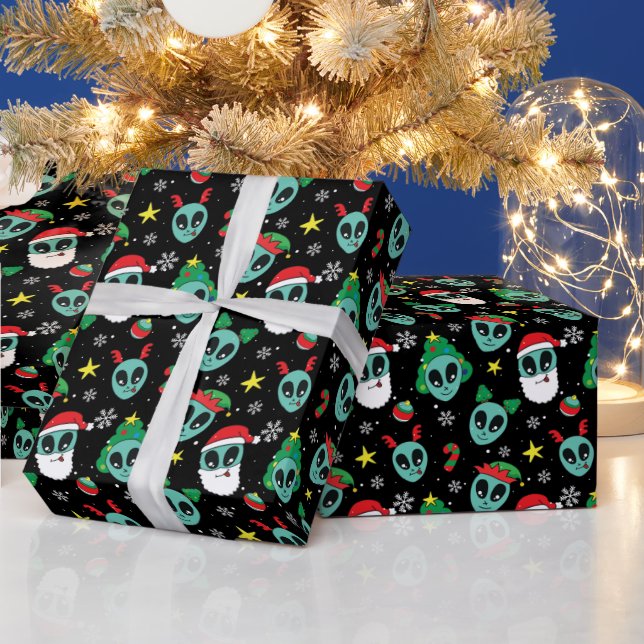 Alien Santa Claus Snowflakes Christmas Tree Wrapping Paper (Holidays)