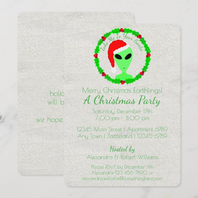 Alien Santa Holly Wreath Earthling Holiday Party Invitation (Front/Back)