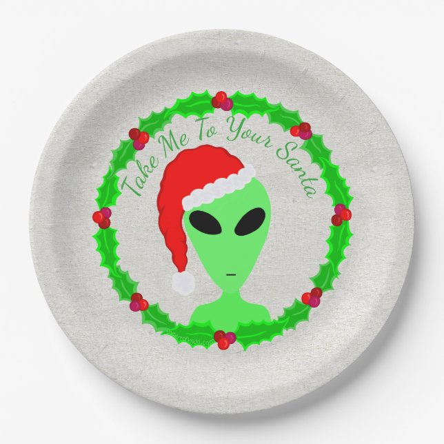 Alien Santa Holly Wreath Festive Holiday Party Paper Plates (Front)