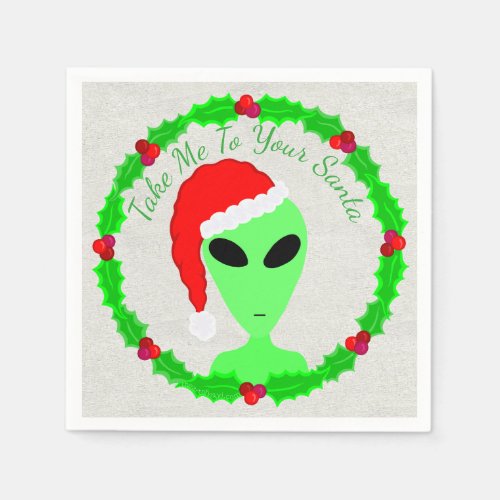 Alien Santa Holly Wreath Funny Christmas Party Paper Napkins