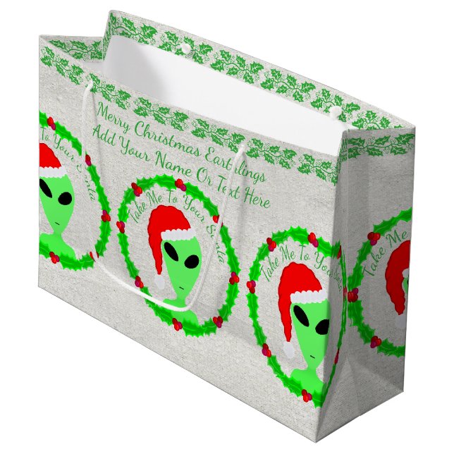Alien Santa Holly Wreath LGM Large Geek Humor Gift Bag (Front Angled)