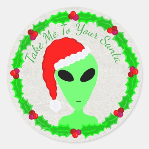 Alien Santa Holly Wreath Little Green Man Classic Round Sticker