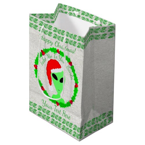 Alien Santa Holly Wreath Medium Happy Christmas Medium Gift Bag