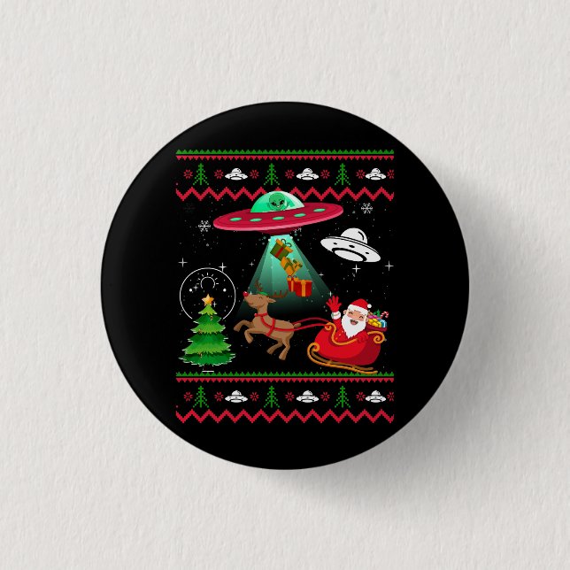 Alien Santa UFO Abduction Ugly Christmas Sweater S Button (Front)