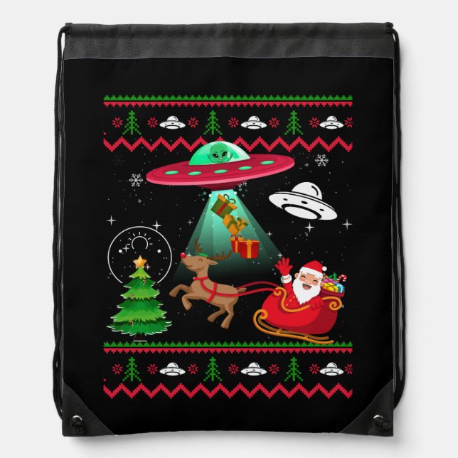 Alien Santa UFO Abduction Ugly Christmas Sweater S Drawstring Bag (Front)