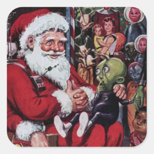 Alien Santa Vintage Illustration Scrapbook Square Sticker