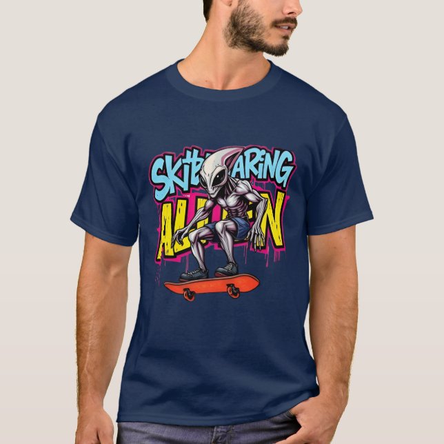 alien skateboarding style graffiti in street art T-Shirt (Front)