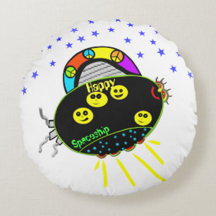Alien Smile Peace Black Spaceship Stars Kids Round Pillow