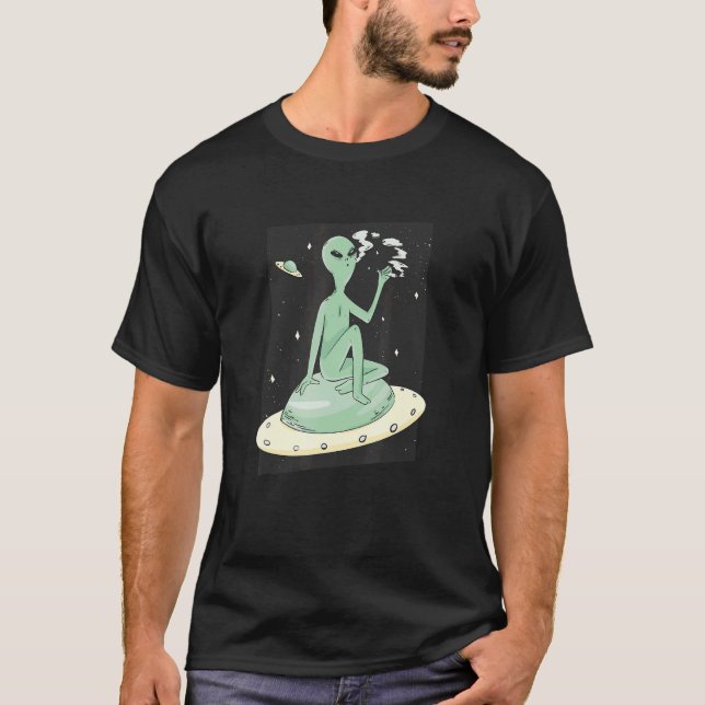 Alien Smoking in Outer Space T-Shirt (Front)