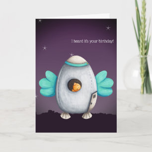 Alien Space Ship with Bird Personalized Birthday Card