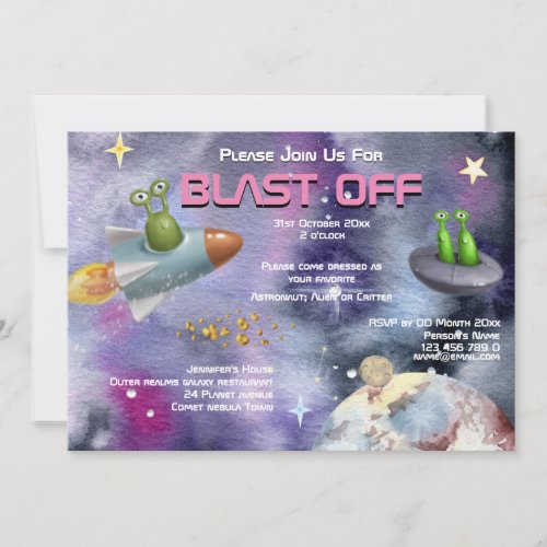 Alien space ships meteors and planets girls party invitation