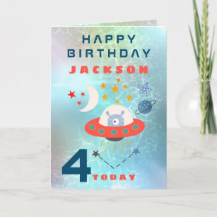 Alien Spaceship Age 4 Space Teal Birthday Card