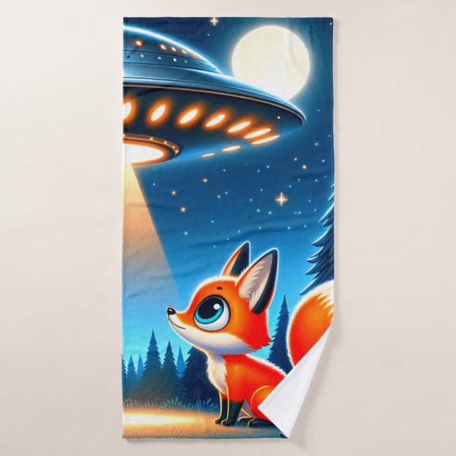 Alien Spaceship and  a Fox Bath Towel (Bath Towel)