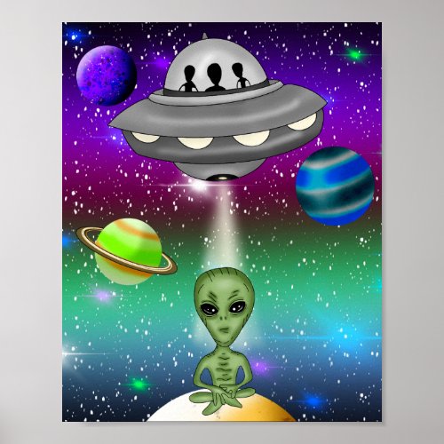 Alien Spaceship and Planets Poster