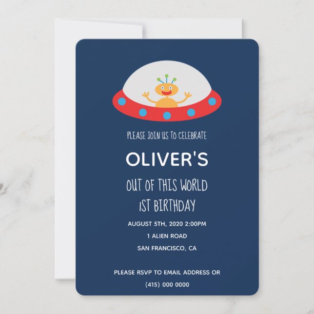 Alien spaceship birthday invitation (Front)