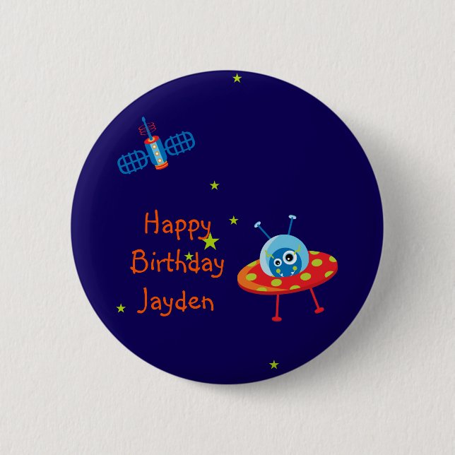 Alien Spaceship Birthday Magnet Pinback Button (Front)
