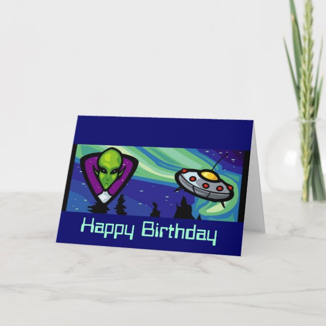 Alien Spaceship Customizable Birthday Card (Front)