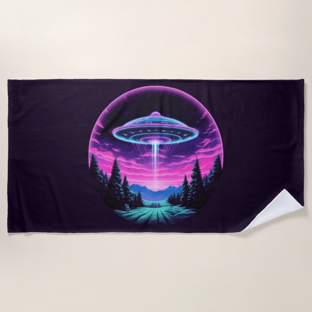 Alien Spaceship Retro Futuristic Beach Towel (Front)