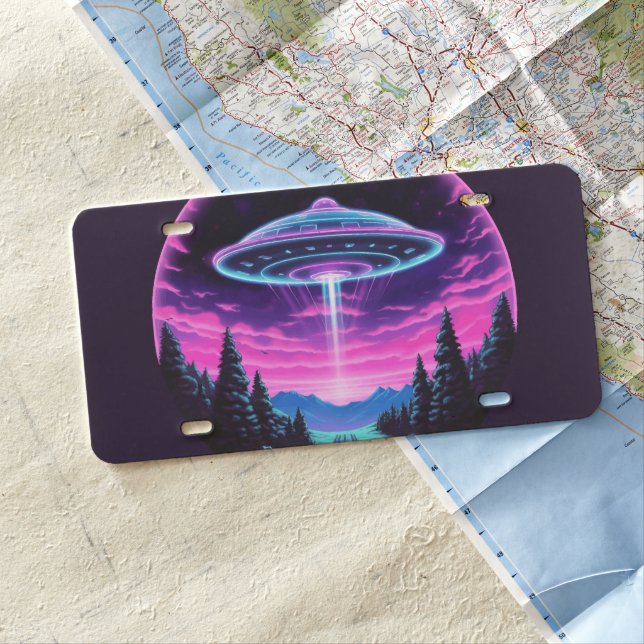 Alien Spaceship Retro Futuristic License Plate (In Situ)