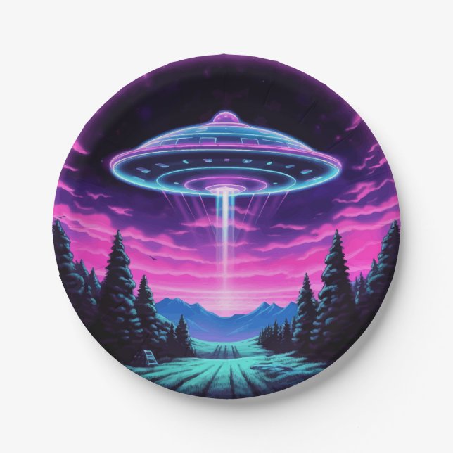 Alien Spaceship Retro Futuristic Paper Plates (Front)
