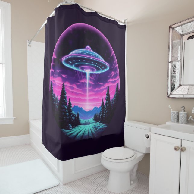 Alien Spaceship Retro Futuristic Shower Curtain (In Situ)