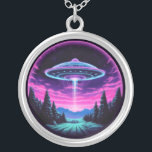Alien Spaceship Retro Futuristic Silver Plated Necklace<br><div class="desc">Step into a world of otherworldly wonder with our mesmerizing Alien Spaceship Vaporwave Aesthetic Art Print. Against the backdrop of a starlit sky, this captivating scene depicts an alien spaceship hovering over a serene night field, casting an ethereal glow that bathes the surroundings in a surreal light. Inspired by the...</div>