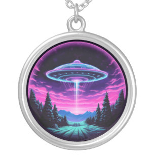 Alien Spaceship Retro Futuristic Silver Plated Necklace