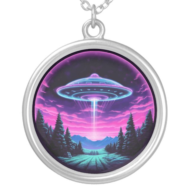 Alien Spaceship Retro Futuristic Silver Plated Necklace (Front)