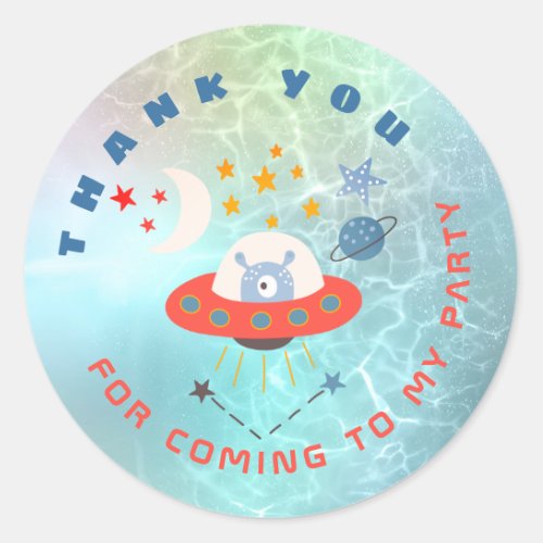 Alien Spaceship Thank You teal Birthday Favor Classic Round Sticker