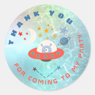 Alien Spaceship Thank You teal Birthday Favor Classic Round Sticker