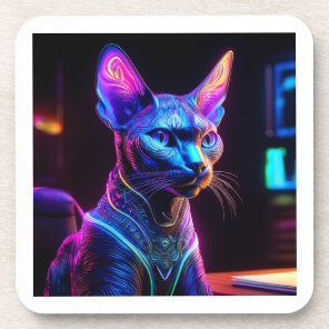 Alien Sphinx Cat Sits In his Captain's Chair Beverage Coaster