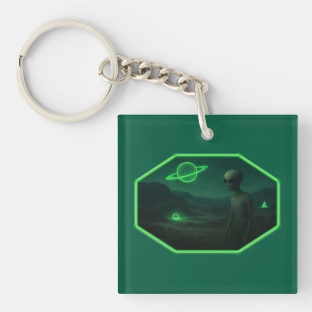Alien Strolling Across A Dark Desolate Landscape Keychain (Front)