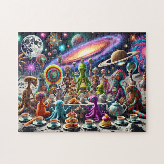 Alien Tea Party Whimsical Extraterrestrial Cosmic  Jigsaw Puzzle (Horizontal)