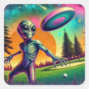 Alien Throwing Disc Golf Square Sticker