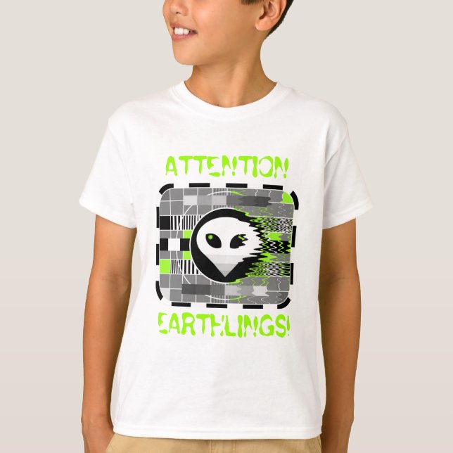 Alien TV 'ATTENTION EARTHLINGS!' kid's basic white T-Shirt (Front)