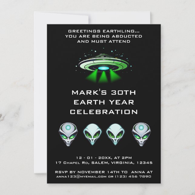 Alien UFO Abduction Space Birthday Party  Invitation (Front)
