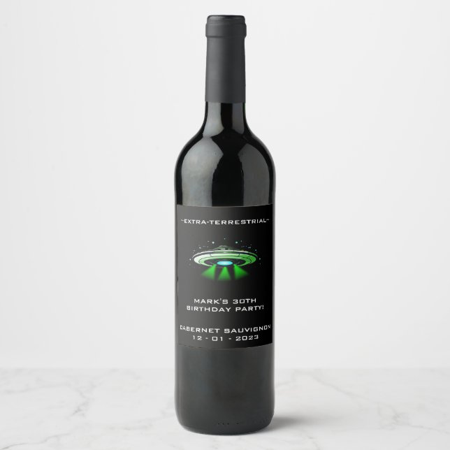 Alien UFO Abduction Spaceship Birthday Party  Wine Label (Front)