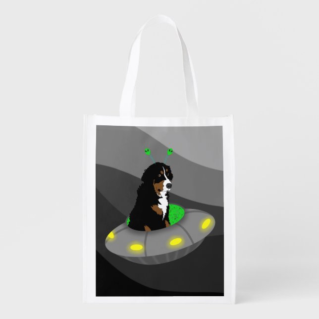 Alien UFO Bernese Mountain Dog  Grocery Bag (Front)