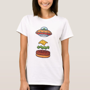 Alien UFO Burger Illustration with Floating Layers T-Shirt