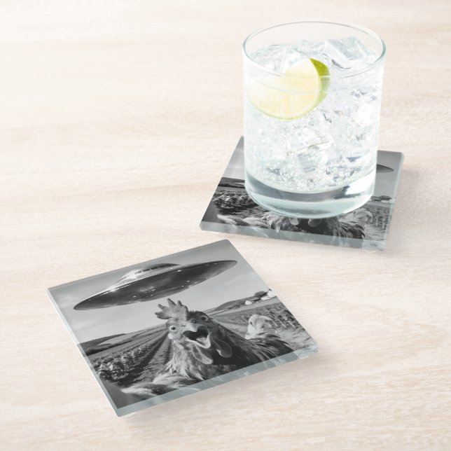 Alien UFO Chicken Art Abduction SciFi Humor Glass Coaster (Angled)
