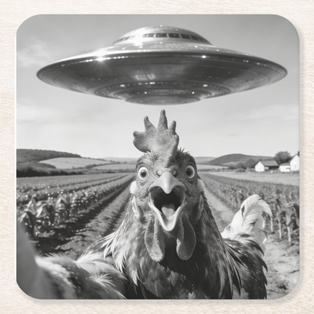 Alien UFO Chicken Art Abduction SciFi Humor Square Paper Coaster (Front)