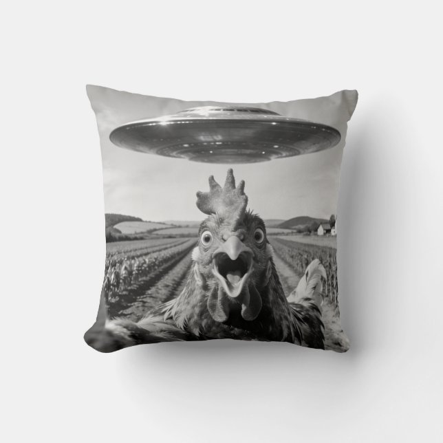 Alien UFO Chicken Art Abduction SciFi Humor Throw Pillow (Front)